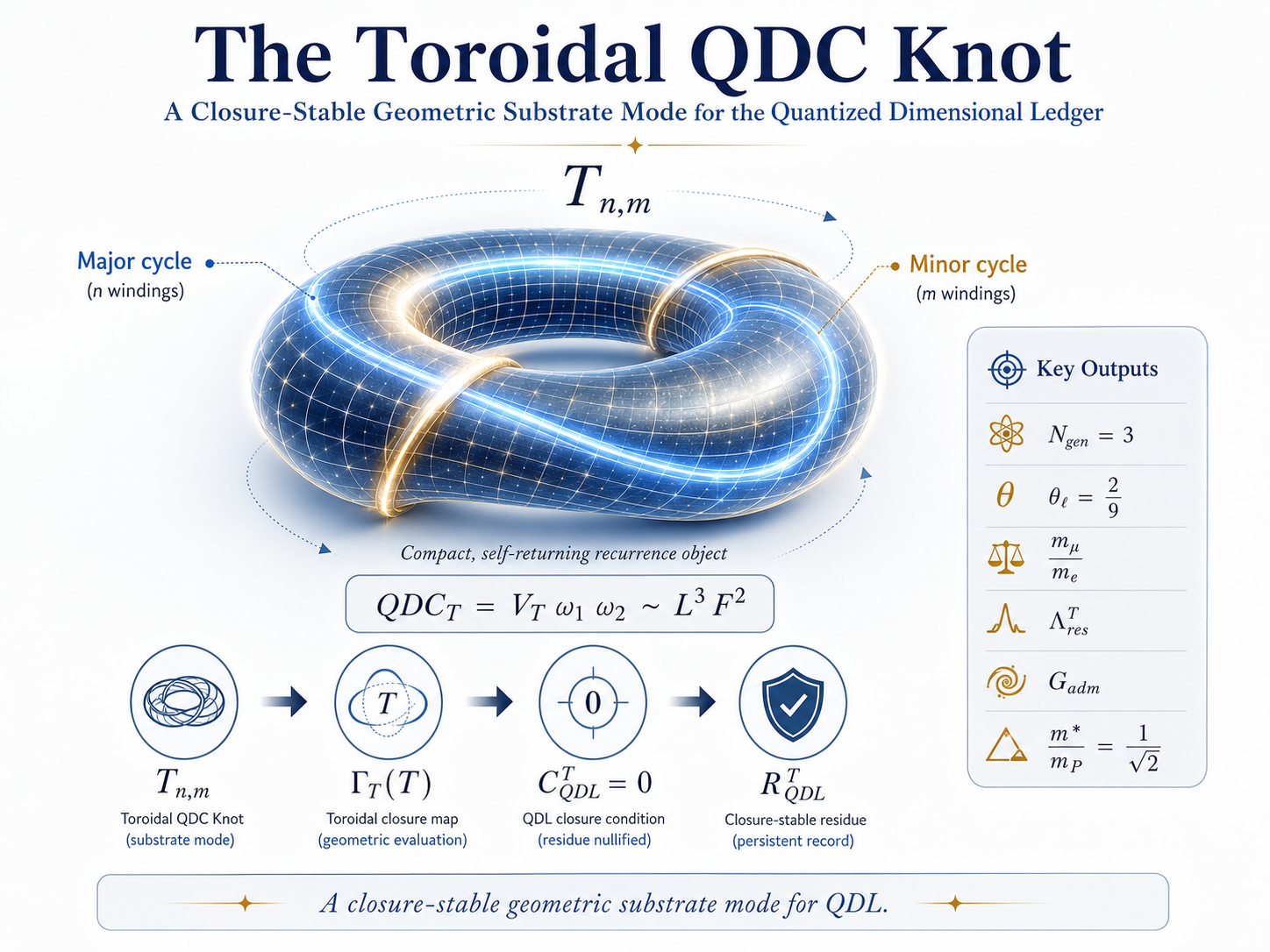 Toroidal QDC Knot graphical abstract showing a compact two-cycle recurrence torus and QDL closure sequence