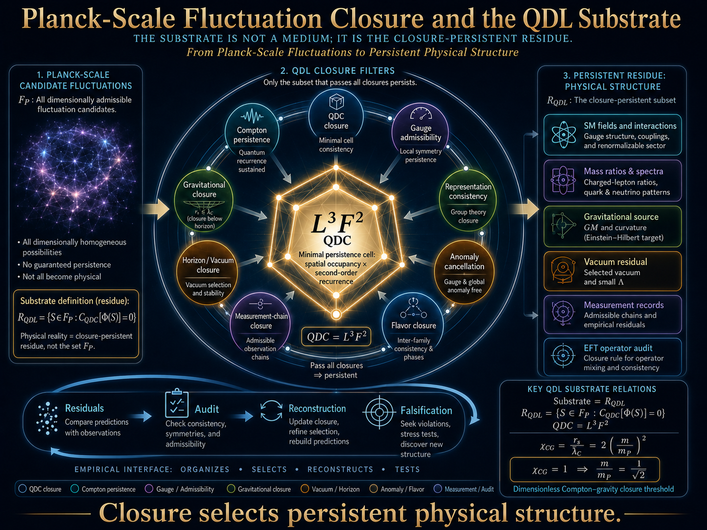 QDL substrate graphical abstract showing Planck-scale fluctuation candidates passing through QDL closure filters to form persistent physical structures including Standard Model fields, mass spectra, gravitational sources, vacuum residuals, measurement records, and EFT operator audits